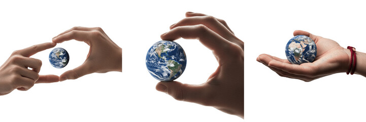 Set of human hands holding a small globe of planet Earth isolated on white background, © Druvh