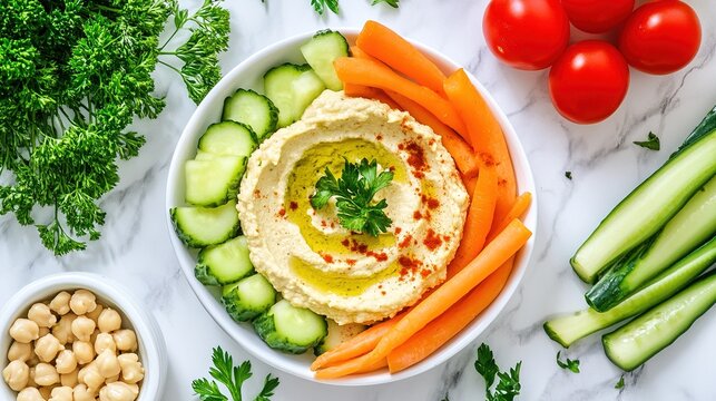 crudite. Fresh vegetable platter with hummus dip, arranged beautifully on a marble surface. menu design, packaging mockups, designed for food delivery and cloud-kitchen brand materials.