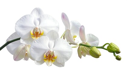 Obraz premium Close-up of delicate white moth orchids, with hints of yellow and pink, showcasing blooms and buds on a green stem
