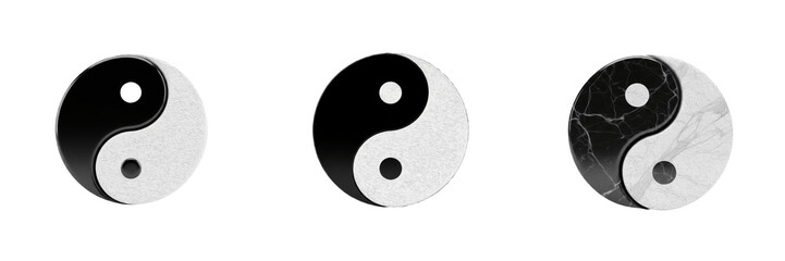 Set of Yin Yang symbols with different textures including solid, subtle grain, and marble stone finish isolated on white background for balance and harmony concept