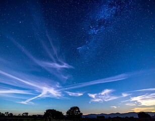 A serene night sky with stars and clouds above a silhouette landscape