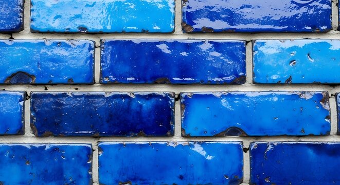 Vibrant blue glazed brick wall texture background.