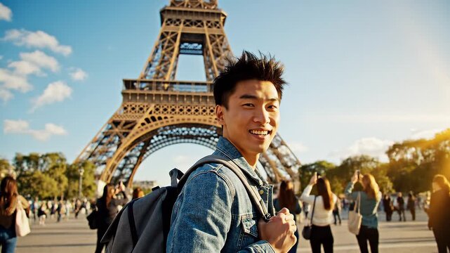 Young man enjoying the view of the Eiffel Tower in Paris, a sunny day