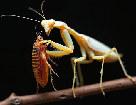 Golden praying mantis devours cockroach on branch with dark background. Predatory insect grabs prey with spiny forelegs during hunt. Extreme close-up macro photo shows insect interaction in wild.