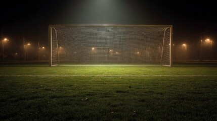 Fototapeta premium Soccer goal on a field at night, illuminated.