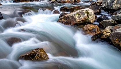 A serene river flowing gently over large rocks
