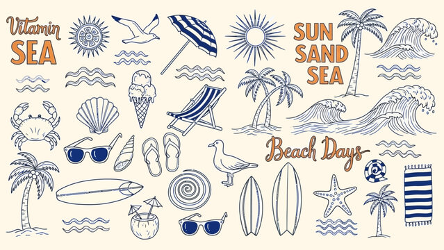 Summer themed doodles featuring beach elements sun waves ice cream and more