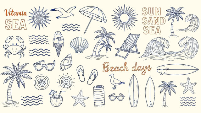 Hand drawn summer elements including beach items marine life and sun illustrations
