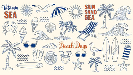 Summer beach doodles featuring sea life waves and vacation essentials