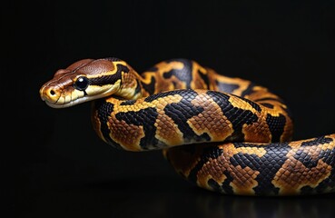 Obraz premium Reticulated python coiled against dark background. Brown and yellow patterned reptile shows intricate scales and dark eye. This serpent is a constrictor with a smooth skin texture.