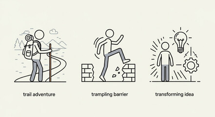 Obraz premium Three simple line art icons representing trail adventure overcoming barriers and transforming ideas.