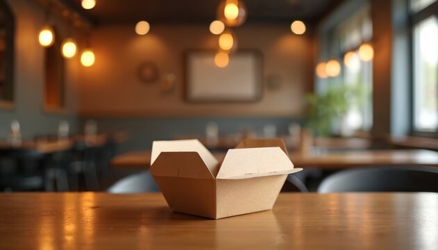 Empty cardboard take-out box sits on a wooden table in a dimly lit restaurant. Soft warm lights illuminate the background with tables and chairs. Ready for food.