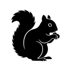 Black silhouette of a squirrel sitting and holding a nut while eating.