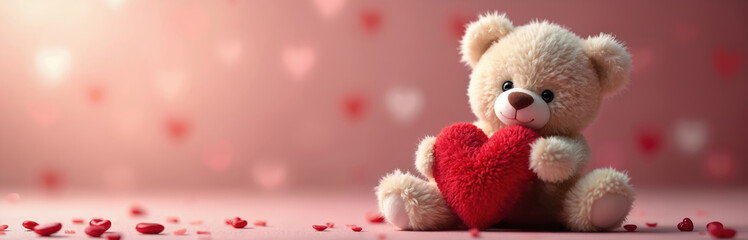 Obraz premium Cute fluffy teddy bear holds big red heart. Soft toy sits on pink background with hearts. Ideal for Valentine greeting cards and romantic themes.