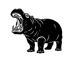 A powerful black silhouette of a hippopotamus with its mouth wide open in a yawn or aggressive posture.