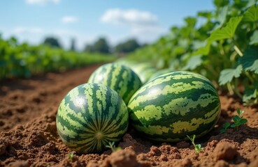 Ripe watermelons grow on brown soil in an agricultural field under a blue sky. Rows of green watermelon plants stretch into the distance creating a natural farm landscape.