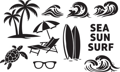 Sea Sun Surf Beach Icons Collection &ndash; Minimal Surfing Vacation Design