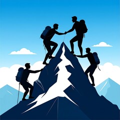Silhouetted climbers work together to summit a jagged mountain peak under a bright blue sky with fluffy clouds