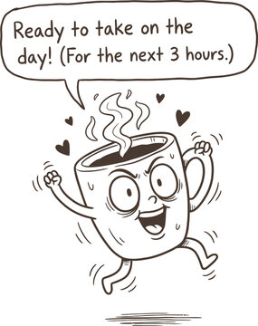 Hyperactive Coffee Cup Character Illustration with Funny Caffeine Quote