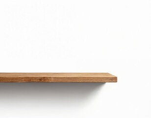 Wooden shelf mounted on white wall, provides empty space for product display or custom design. Simple minimal background ideal for placement.
