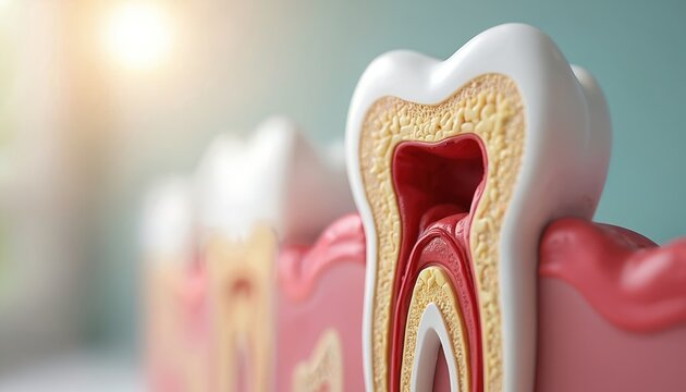 Detailed cross section of tooth showing internal structure, root canal. Illustrates dental anatomy, pulp chamber, nerve, blood vessels, root structure. Represents dental health, oral care, medical