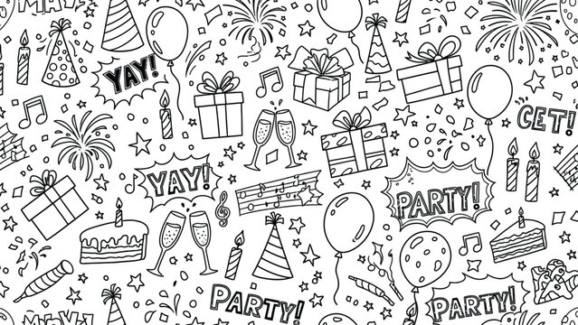 Black and white doodle party elements with festive decorations and celebratory items.