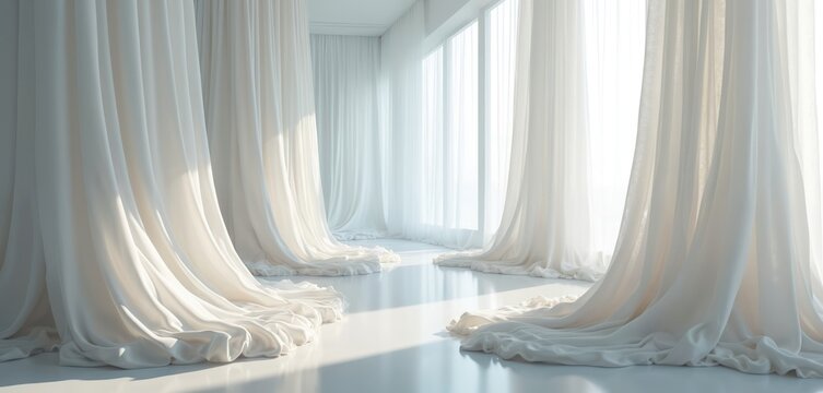 Soft white fabric drapes elegantly in a bright room with large windows letting in natural light. Clean airy space with flowing sheer material, perfect for backdrop.