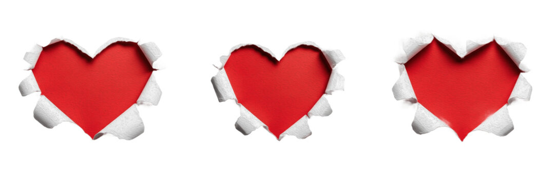 Collection of heart shaped holes torn in white paper revealing red background, conceptual 3D illustration of love, romance and Valentine's Day isolated on white background.