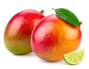 Close-up of two ripe, colorful mangoes with a lime wedge and a green leaf