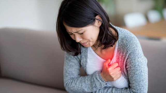 A woman clutches her chest in pain, with a red glow indicating discomfort, suggesting a medical emergency or distress.