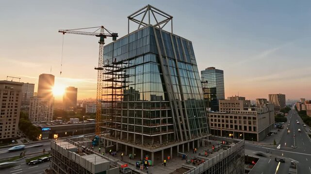 Modern Building Construction Timelapse: City Skyline & Sunset Transformation