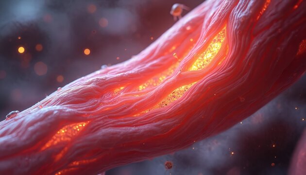 Close-up view of internal muscle tissue fibers. Capillaries glow with warm yellow light. Detailed biological structure shows cellular activity and energy flow.