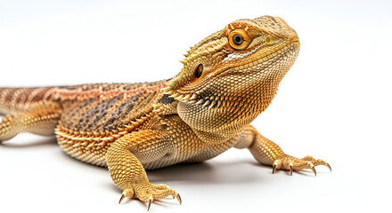 Obraz premium Bearded dragon lizard in alert pose, isolated on white background. Realistic reptile photo with detailed scales for education, exotic pets, and wildlife concepts.