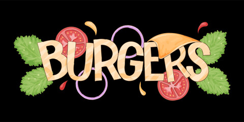 colorful burger logo with vegetables, playful handlettered typography surrounded by tomato slices, lettuce