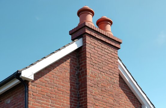 Red brick house gable with chimney stacks against clear blue sky. White fascia and black guttering visible on roof edge. Architectural detail.