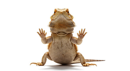 Fototapeta premium Bearded dragon standing upright in a unique pose, isolated on white background. Realistic reptile photo with sharp scale details for education, exotic pets, and wildlife concepts.