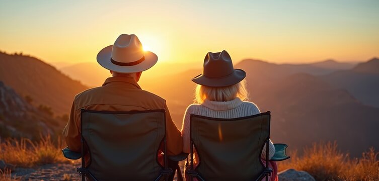 Elderly couple sits on chairs in mountains watching sunset. Couple enjoys peaceful golden hour light, serene natural landscape. Companionship, retirement travel bliss.