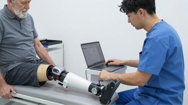 An elderly man with a prosthetic leg is examined by a medical professional using a laptop