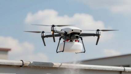 A modern drone equipped with a tank hovers in the sky spraying mist aerial