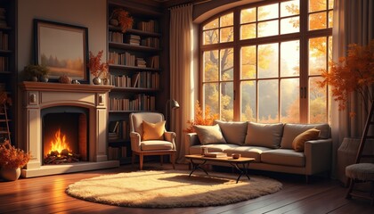 Fototapeta premium Warm living room with fireplace burning. Large window shows autumn trees. Comfortable couch and armchair invite rest. Bookshelves line wall. Cozy autumn scene indoors.