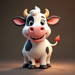 Obraz premium Cute cartoon cow illustration, friendly farm animal character with black spots, smiling wide. Whimsical 3D design, perfect for kids content or dairy branding.