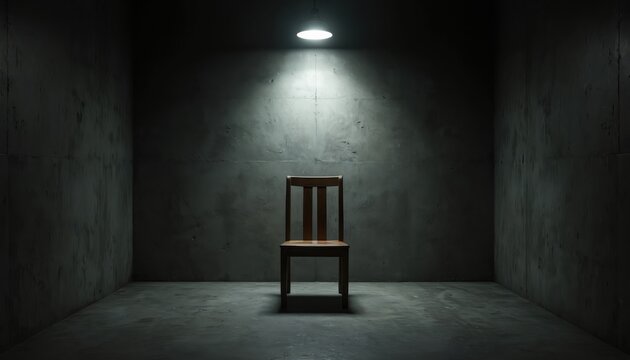 Empty interrogation room with bare concrete walls and floor. A single wooden chair sits centered under a harsh overhead light. The stark scene evokes suspense and a feeling of isolation.