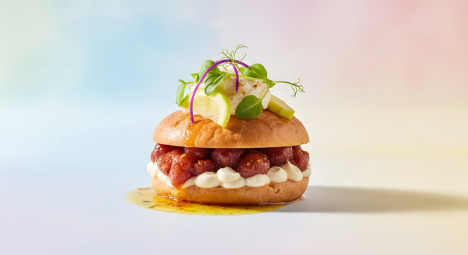 Gourmet burger with microgreens and avocado on a pastel background