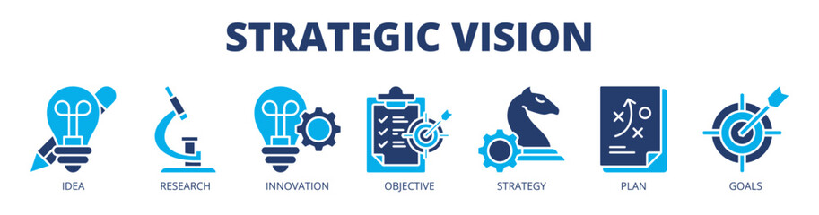 Strategic vision web banner icon vector illustration concept for business planning with icon of idea, research, innovation, objective, strategy, planning, and goals.