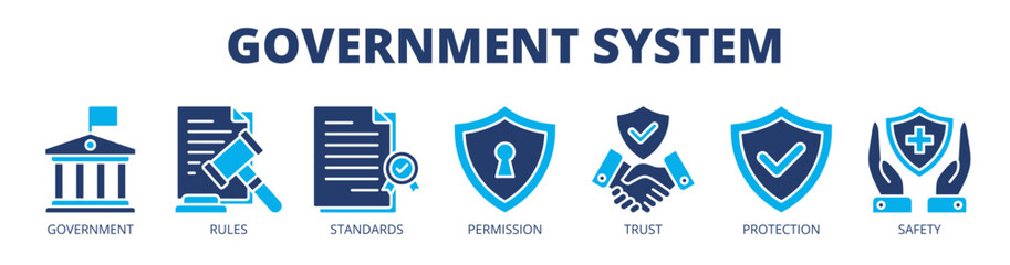 Government system web banner icon vector illustration concept for public administration with icon of government, rules, standards, permission, trust, protection, and safety.