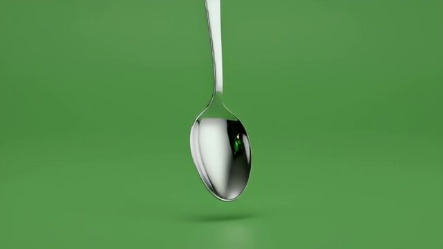 Detailed shot of a gleaming metallic silver spoon floating mid-air, isolated against a vibrant green screen background for easy keying