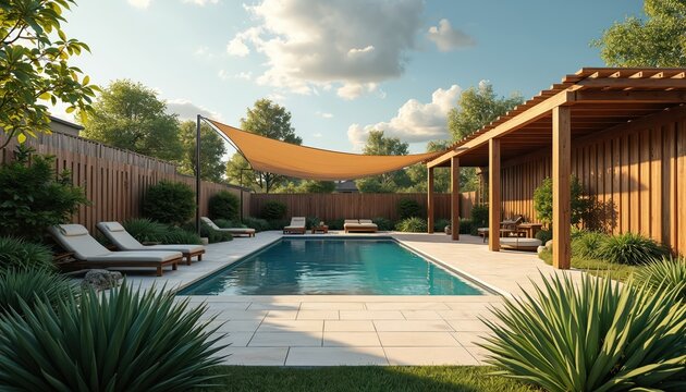 Rectangular swimming pool with lounge chairs and pergola. Backyard oasis with blue water, shade sail, green plants and wooden fence. Luxury relaxation area for summer recreation.