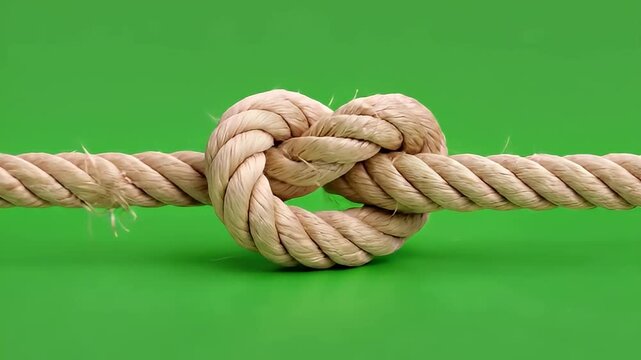 Close-up of a natural fiber rope knot on a vibrant green screen background, perfect for chroma key compositing