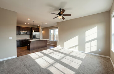 Modern interior with open concept kitchen, living area. Sunlight streams through windows casting geometric shadows on carpeted floor. Dark wood cabinets, island contrast neutral walls, creating