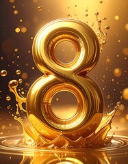Fototapeta premium A shiny gold number eight with liquid splashes